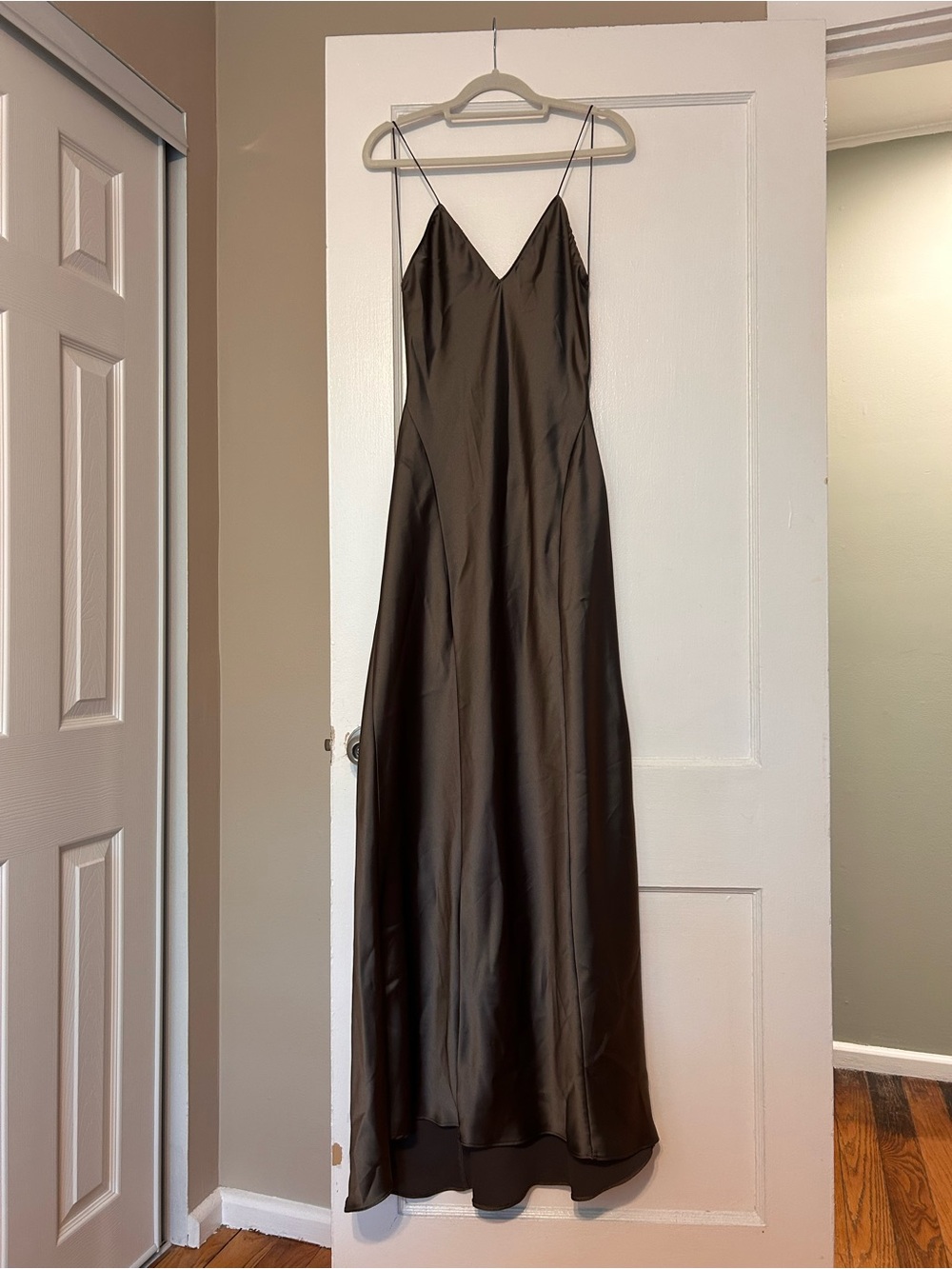 Zara Dark Brown Satin Maxi Slip Dress with Spaghetti Straps